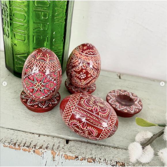 Vintage Hand-Painted Wood Resin Easter Egg Plus Base Pysanky Brown Orange SET 3 - Picture 5 of 10